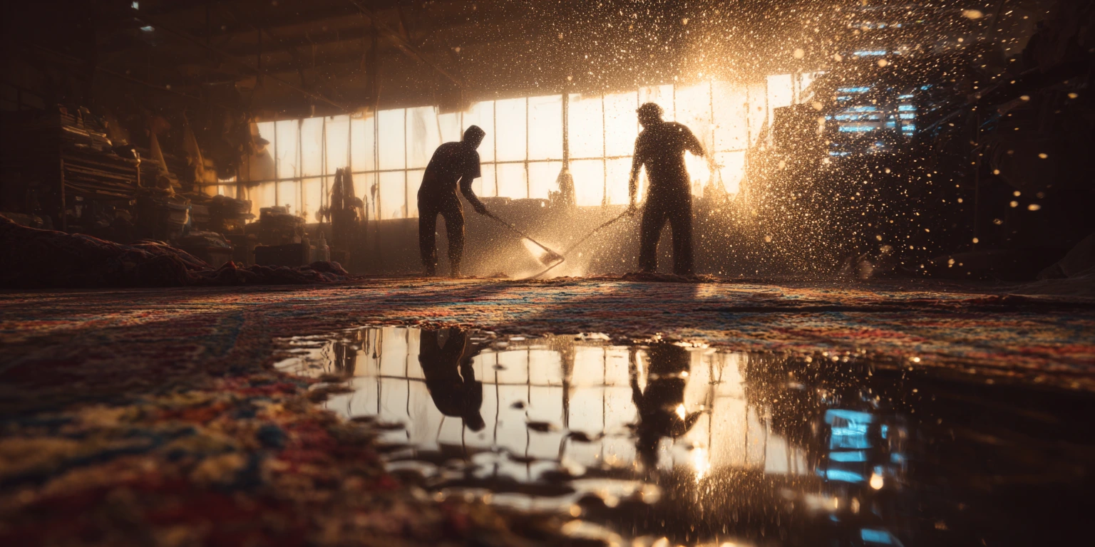 Deux artisans experts nettoyant un tapis précieux dans un atelier parisien.