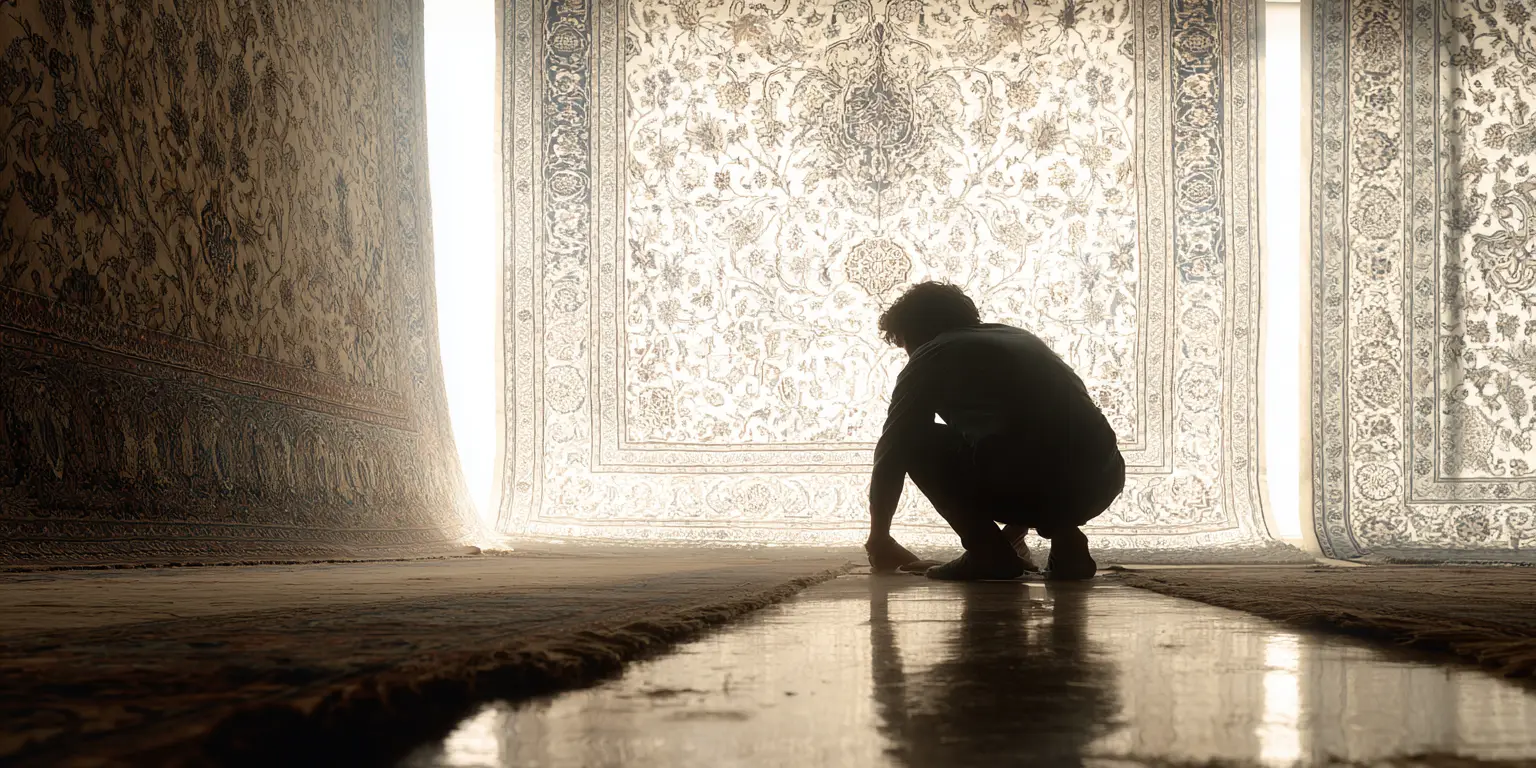 Artisan inspectant minutieusement un tapis persan de valeur dans un atelier lumineux.