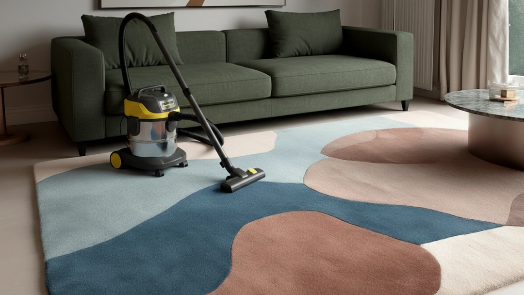 Aspirateur Kärcher nettoyant un tapis design dans un salon parisien haut de gamme, entretien professionnel des tapis de luxe.