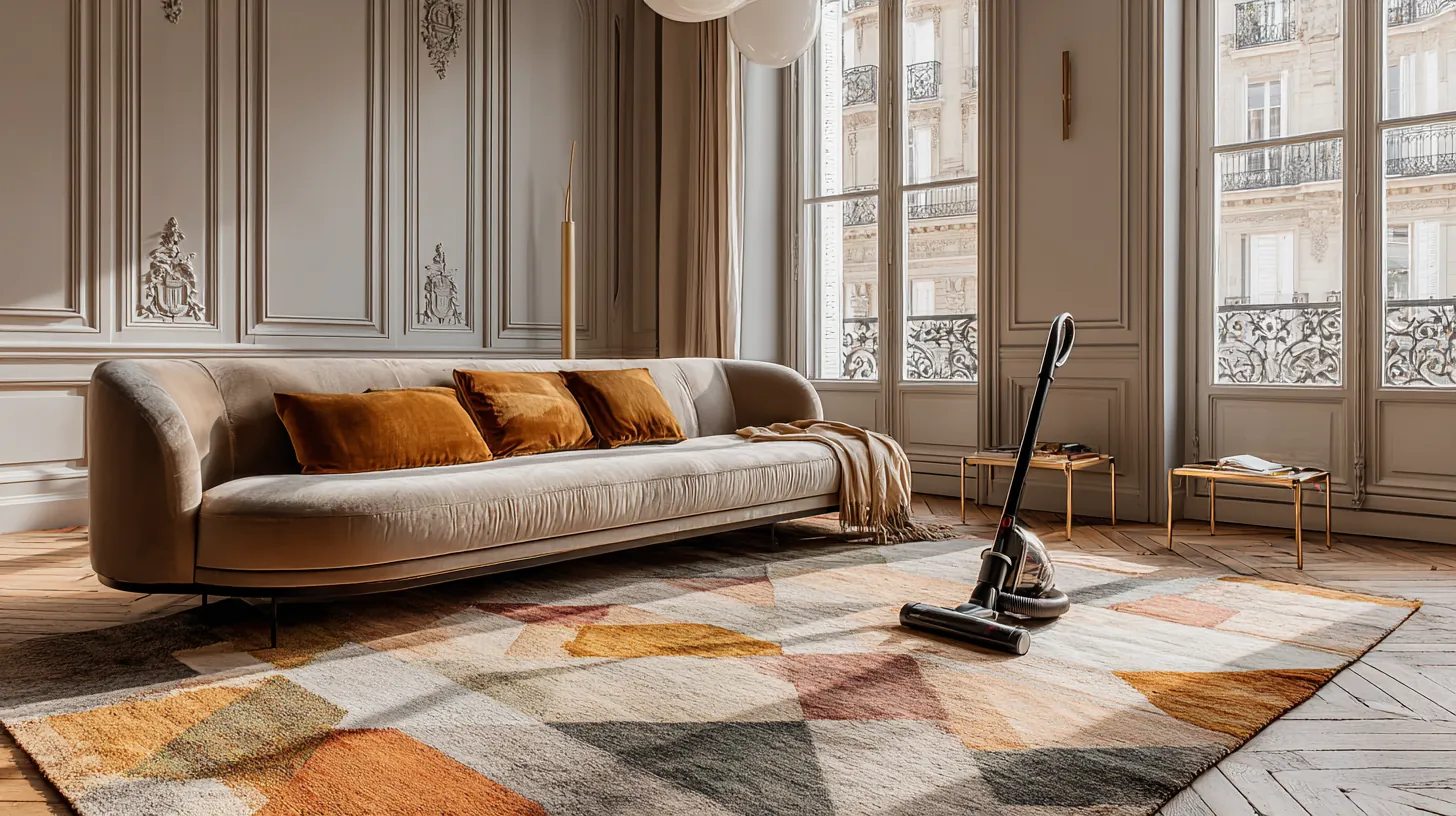 Aspirateur Shark posé sur un tapis moderne dans un salon haussmannien, illustrant les risques pour les tapis de qualité lors du nettoyage