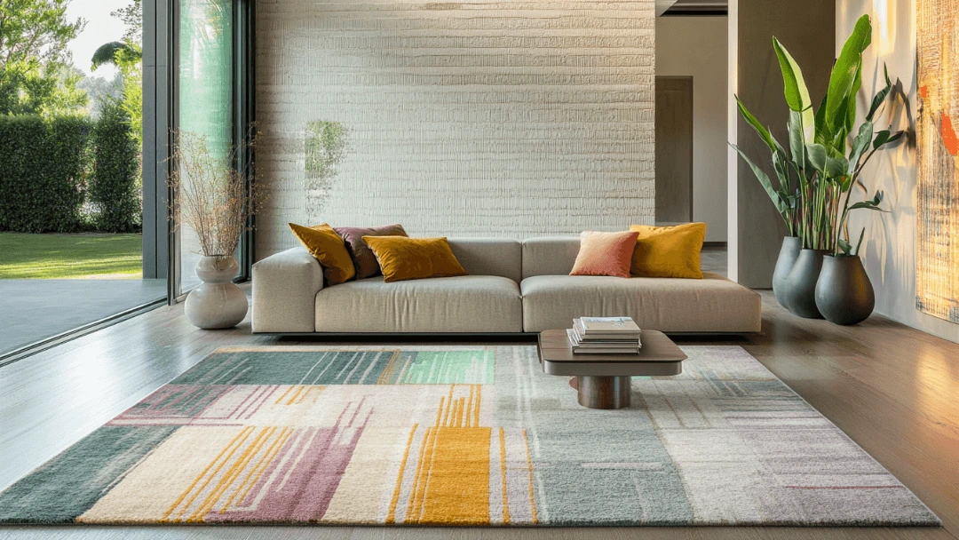 Salon moderne avec un canapé beige décoré de coussins jaune et rose, tapis coloré à motifs géométriques en tons pastel, table basse minimaliste, grandes baies vitrées et plantes vertes.