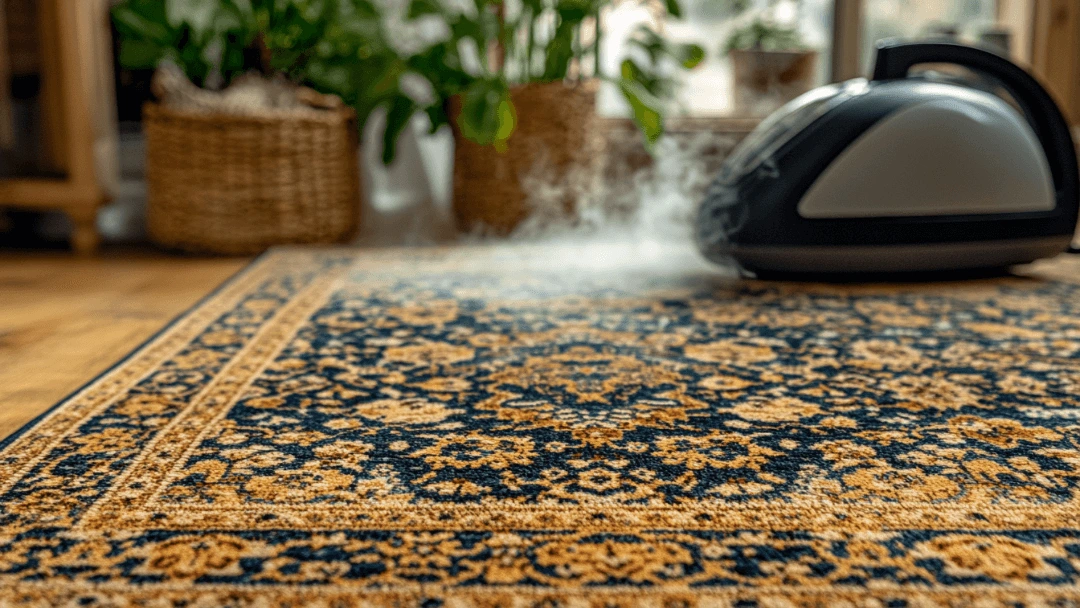 Vapeur utilisée pour redresser un tapis oriental à motifs bleus et dorés dans un intérieur lumineux avec des plantes en arrière-plan