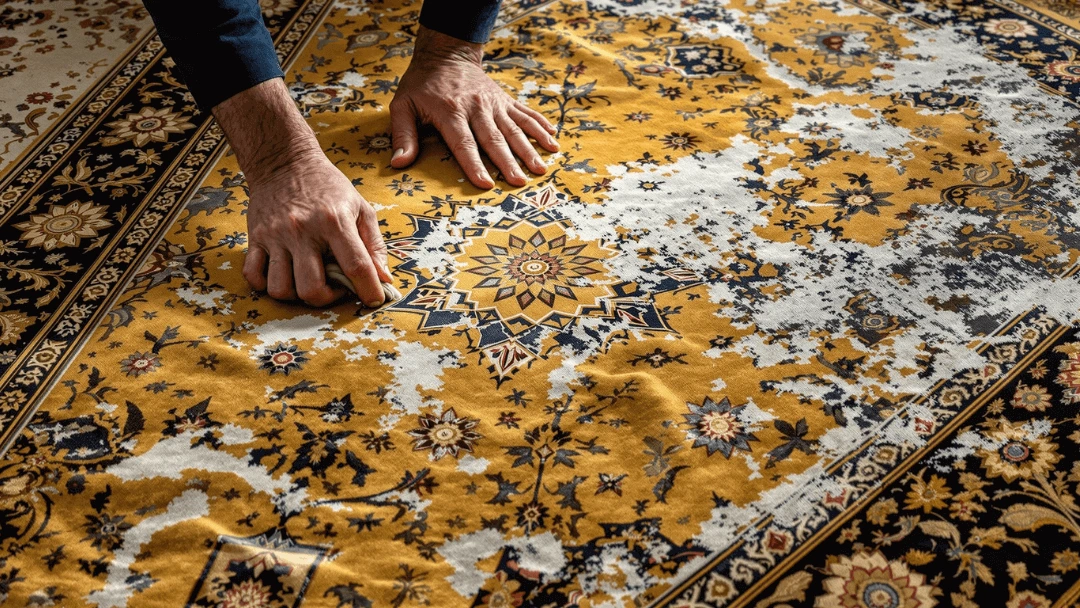 Restauration d'un tapis ancien persan avec motifs traditionnels, main d'artisan réparant les fibres abîmées.