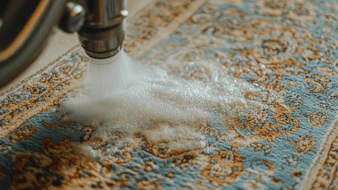 Gros plan d’une tête de machine de nettoyage de tapis appliquant de la mousse sur un tapis oriental bleu et beige, mettant en valeur les détails des fibres et le processus de nettoyage.