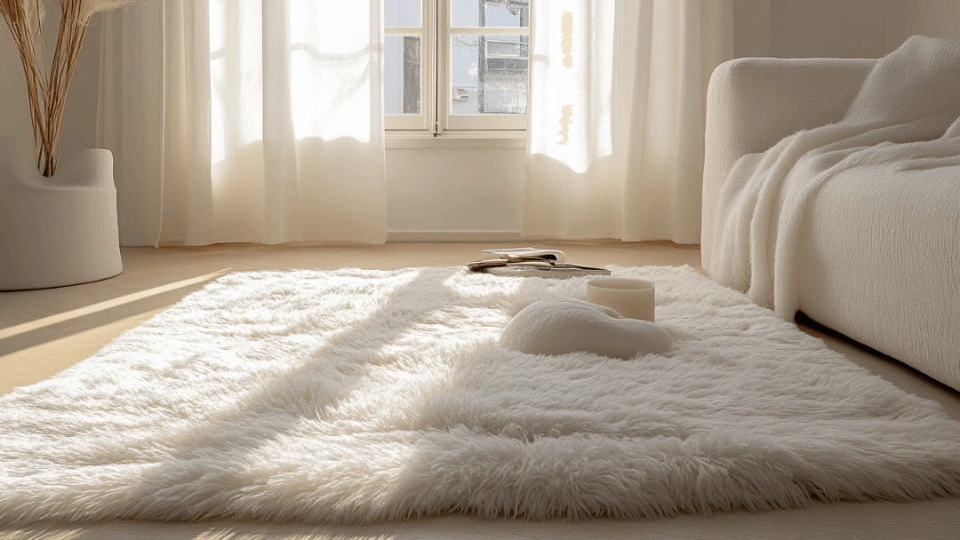 Tapis en laine blanche dans un salon lumineux avec une grande fenêtre laissant entrer la lumière naturelle, créant une ambiance propre et chaleureuse.