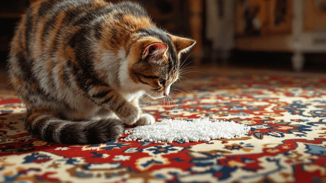 Chat reniflant du bicarbonate de soude sur un tapis persan après un accident d'urine.