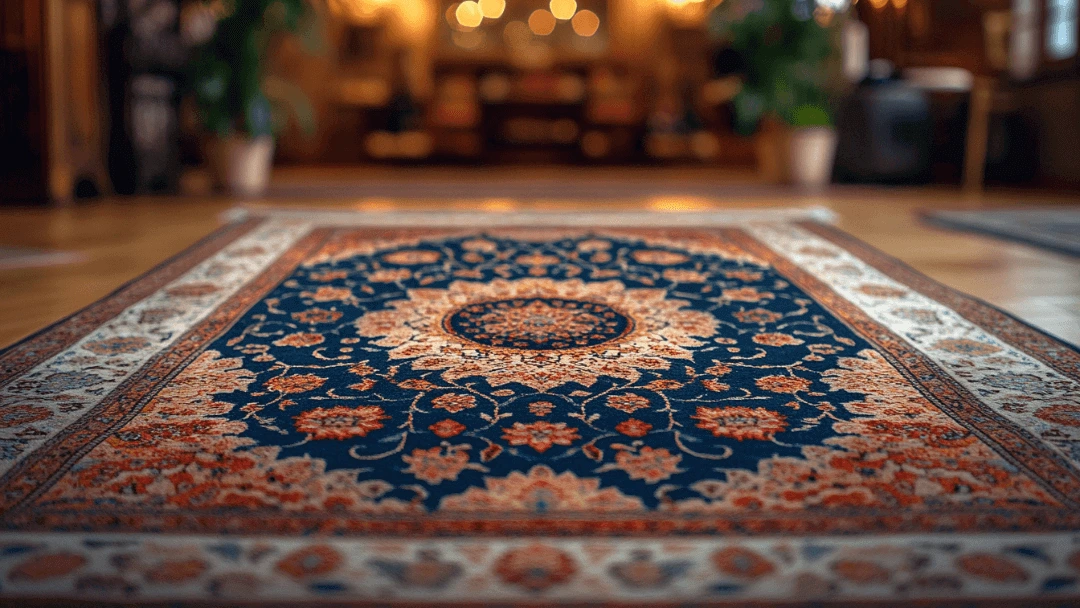 Tapis persan rouge en soie aux motifs floraux bleu marine dans un intérieur chaleureux