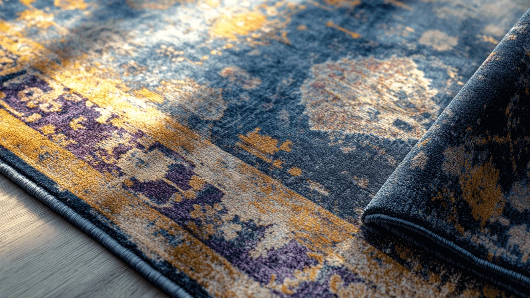 Gros plan d’un tapis en viscose aux motifs colorés, posé sur un sol en bois, avec une texture douce et lumineuse. Un coin du tapis est délicatement relevé, illustrant la souplesse de la fibre.