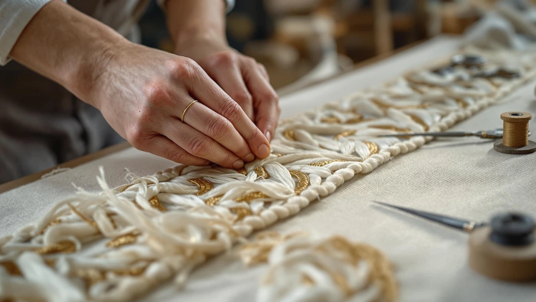 Restauration artisanale des bordures d’un tapis effiloché avec fils dorés et ivoire, réalisée à la main par un expert.