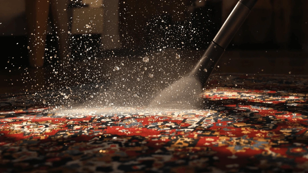 Nettoyeur vapeur en action sur un tapis oriental coloré, projetant des gouttelettes d’eau dans l’air sous un éclairage dramatique, montrant le processus de nettoyage.