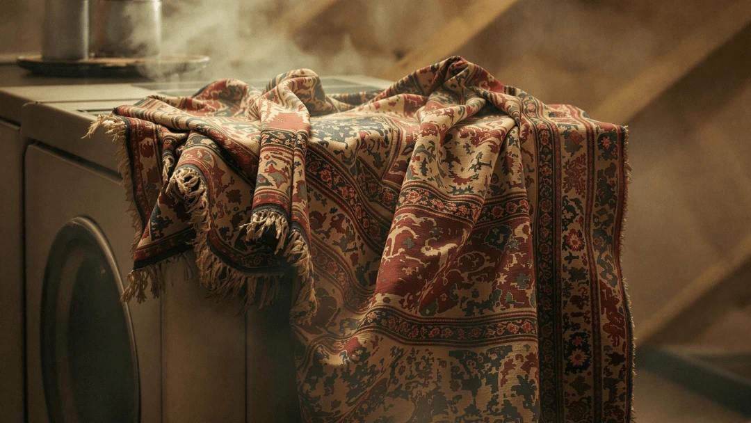 Tapis oriental ancien posé sur une machine à laver avec de la vapeur, illustrant les risques du nettoyage en pressing pour les fibres délicates.