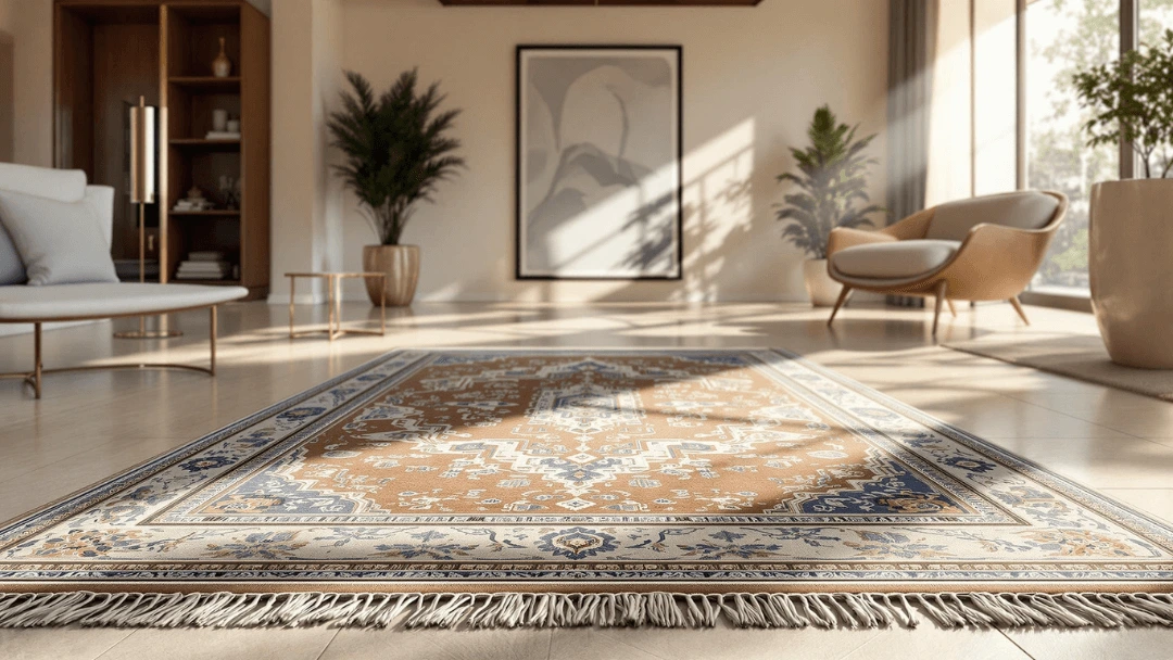 Franges blanches d’un tapis oriental de luxe nettoyé, baignées par la lumière naturelle dans un salon élégant.