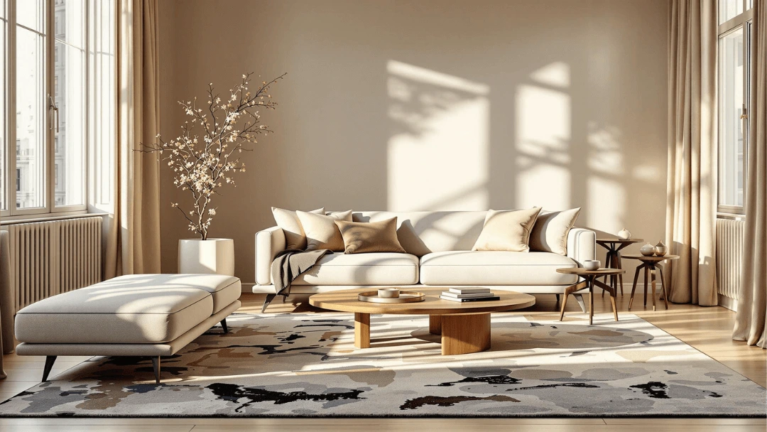 Tapis beige et noir style abstrait dans un salon moderne.