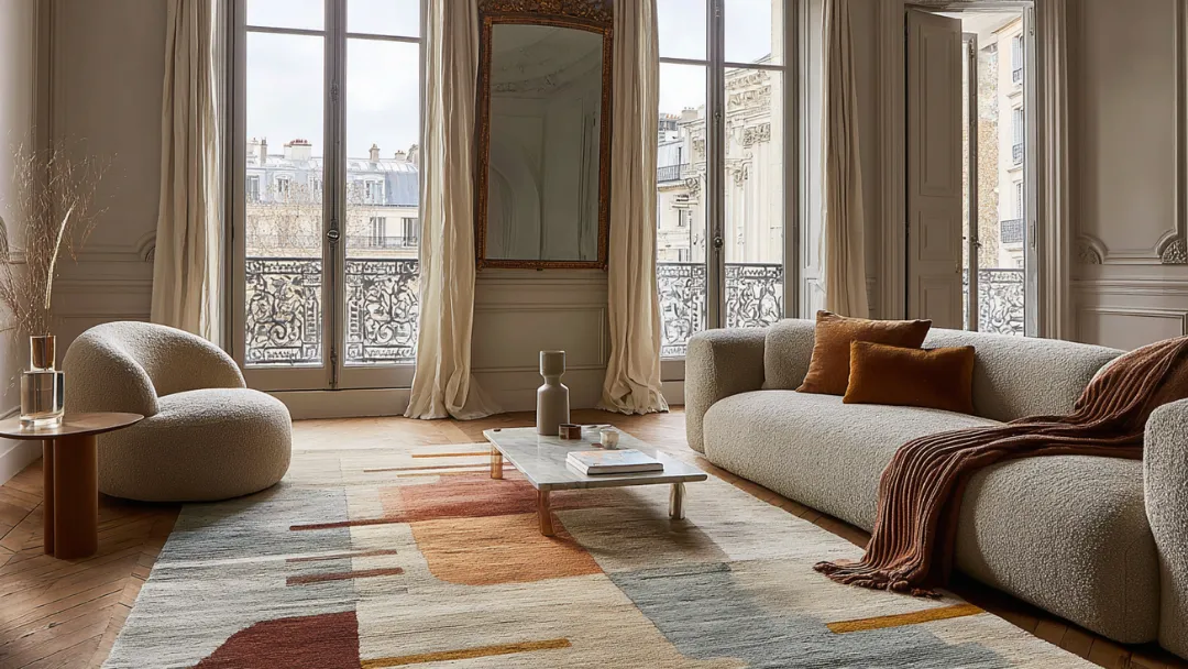 Tapis Lorena Canals aux motifs abstraits dans un salon haussmannien parisien avec canapé bouclé, miroir doré et grandes fenêtres