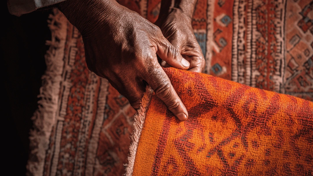 Mains d'un artisan manipulant un tapis berbère traditionnel aux motifs géométriques rouges et orange, mettant en valeur la texture de la laine et le savoir-faire ancestral du tissage.