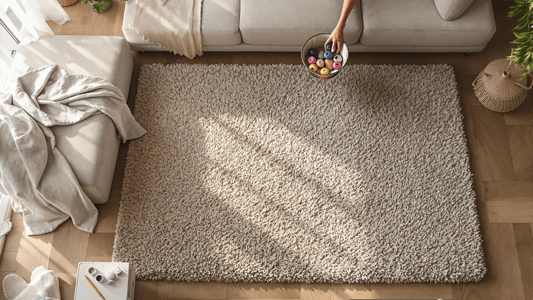 Tapis en polypropylène beige propre dans un salon lumineux, éclairé par la lumière naturelle, avec une main tenant un bol de donuts colorés, ambiance cosy et moderne.