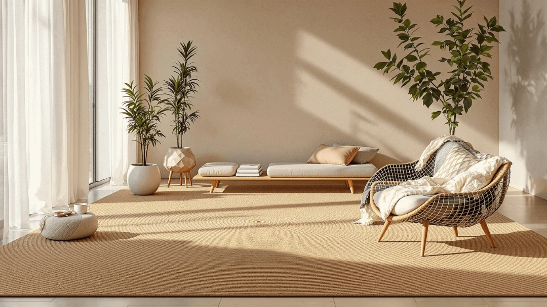 Salon lumineux et minimaliste avec tapis en jute naturel au sol, meubles en bois clair et plantes d’intérieur, ambiance haut de gamme et apaisante.