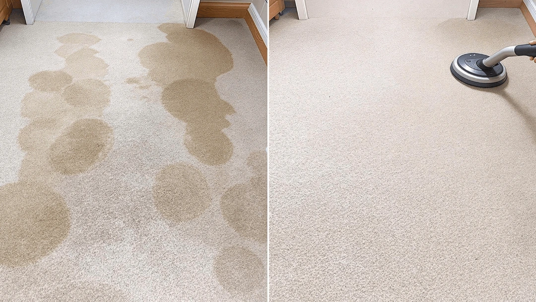 Avant/après nettoyage d’une moquette beige avec un nettoyeur vapeur. À gauche, une moquette tachée avec des auréoles d’humidité ; à droite, une moquette propre après un nettoyage en profondeur. Un appareil de nettoyage vapeur est visible en action.