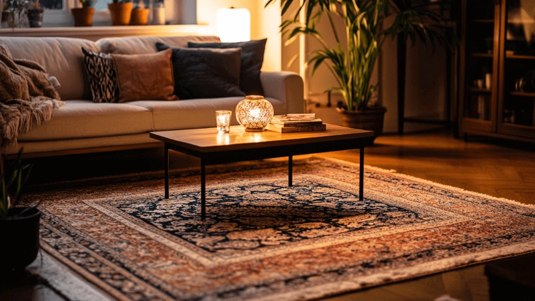 Salon chaleureux avec un canapé beige, table basse en bois et tapis élégant sur un sous-tapis visible, éclairé par une lumière douce et naturelle.