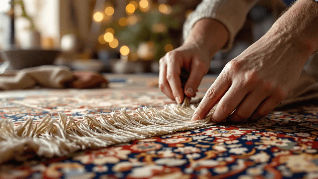 Restauration artisanale de franges sur un tapis d'orient en laine, gros plan sur les mains d'un restaurateur expérimenté