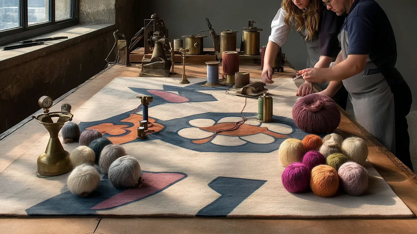 Artisan reconstituant nœud par nœud le velours d'un tapis Kashan dans un atelier parisien, fils de laine naturelle teinte à la main disposés sur un cadre de tension.