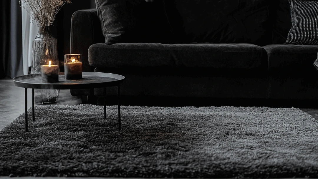 Tapis moelleux dans un salon moderne avec des bougies allumées sur une table basse, créant une ambiance chaleureuse et élégante.
