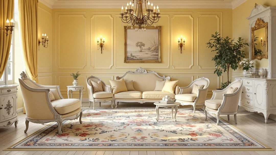 Salon élégant avec tapis Ruggable floral crème.
