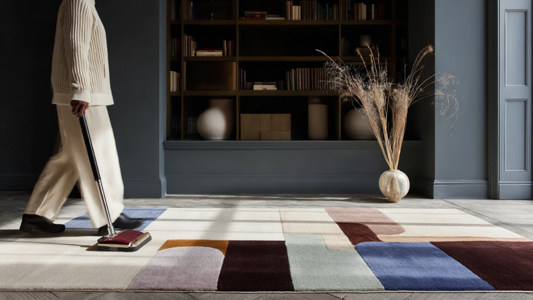 Personne utilisant un aspirateur laveur haut de gamme sur un tapis moderne dans un salon de style haussmannien.