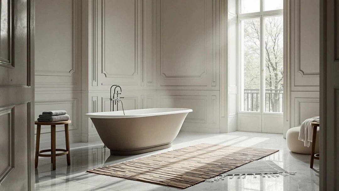 Tapis de bain en lattes de bambou naturel au style épuré, posé sur le sol en marbre d'une élégante salle de bain haussmannienne.