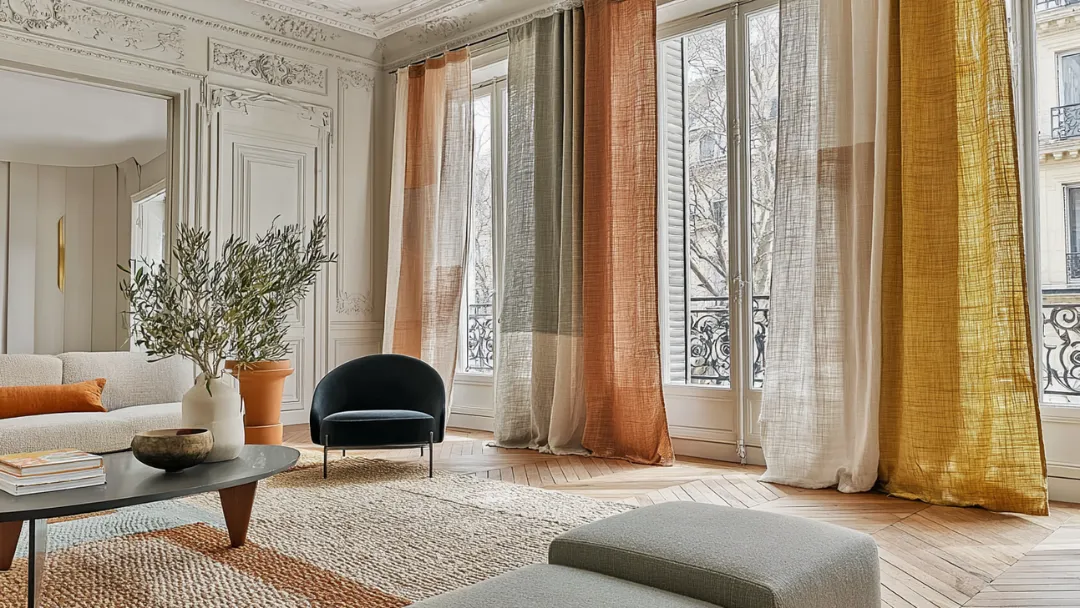 Tapis beige en jute tressé dans un salon haussmannien avec parquet en point de Hongrie, fauteuil bleu marine et rideaux en lin colorés