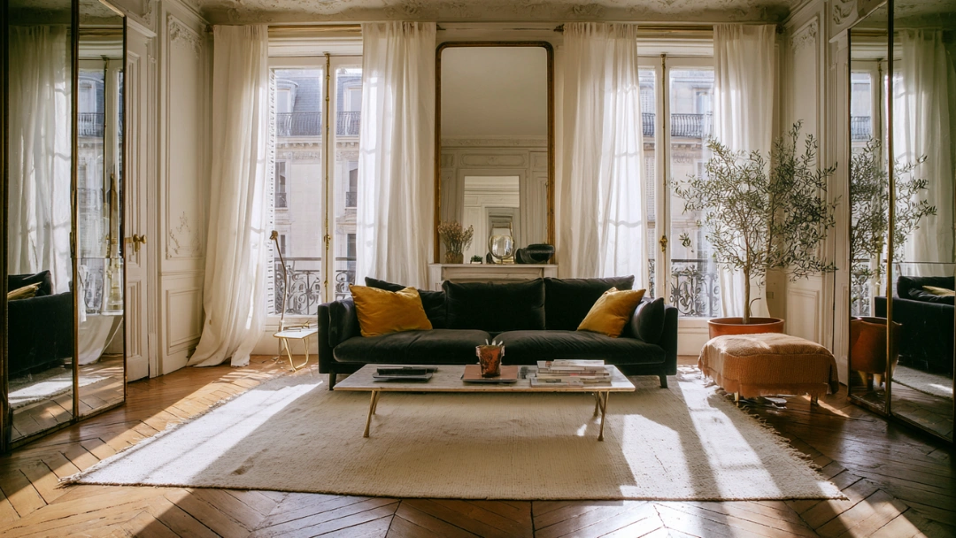 Tapis blanc ivoire texturé dans un salon haussmannien avec parquet en point de Hongrie, canapé noir avec coussins moutarde, miroir doré ancien et lumière naturelle filtrant par les voilages