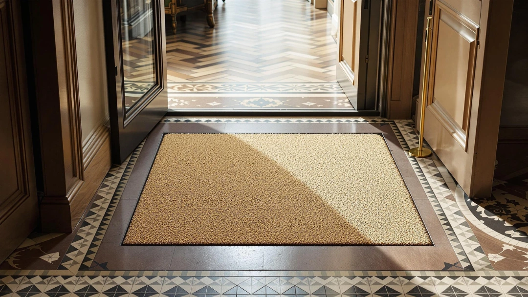 Tapis d’entrée en fibre de coco naturelle encastré dans un sol de style haussmannien avec carrelage décoratif; solution élégante et antidérapante pour entrée haut de gamme.