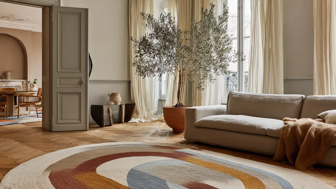 Tapis en corde rond aux motifs concentriques colorés posé sur parquet chevron dans un salon haussmannien avec canapé lin et olivier.