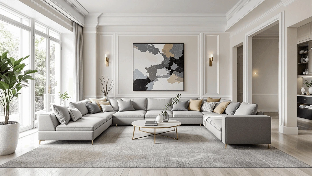 Salon moderne haut de gamme avec grand tapis en polypropylène gris clair et canapé d'angle design.