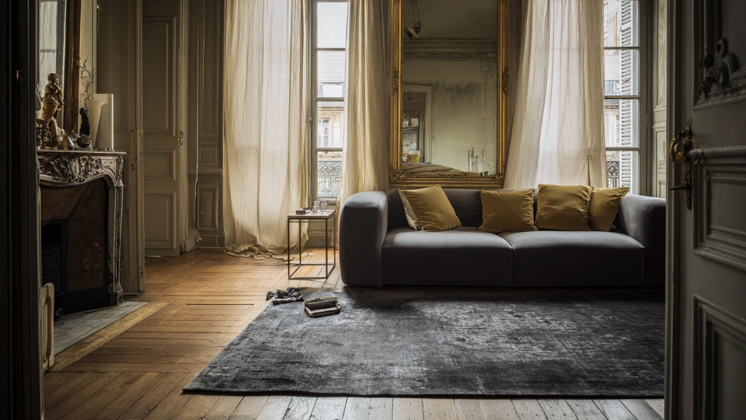 Tapis gris anthracite texturé dans un salon haussmannien avec parquet en point de Hongrie, canapé gris avec coussins moutarde, miroir doré ancien et lumière naturelle filtrant par les voilages en lin