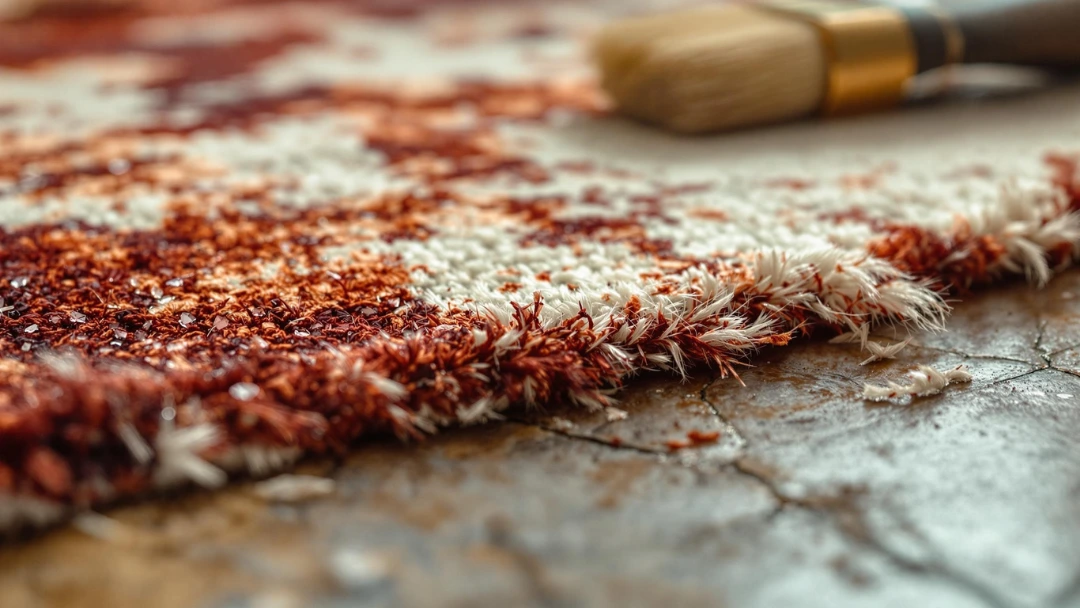 Gros plan sur les fibres épaisses d'un tapis oriental en cours de nettoyage, montrant les résidus incrustés et les poils détachés sur sol en pierre, avec un pinceau artisanal en arrière-plan  - image illustrant la précision du nettoyage enzymatique des tapis haut de gamme.