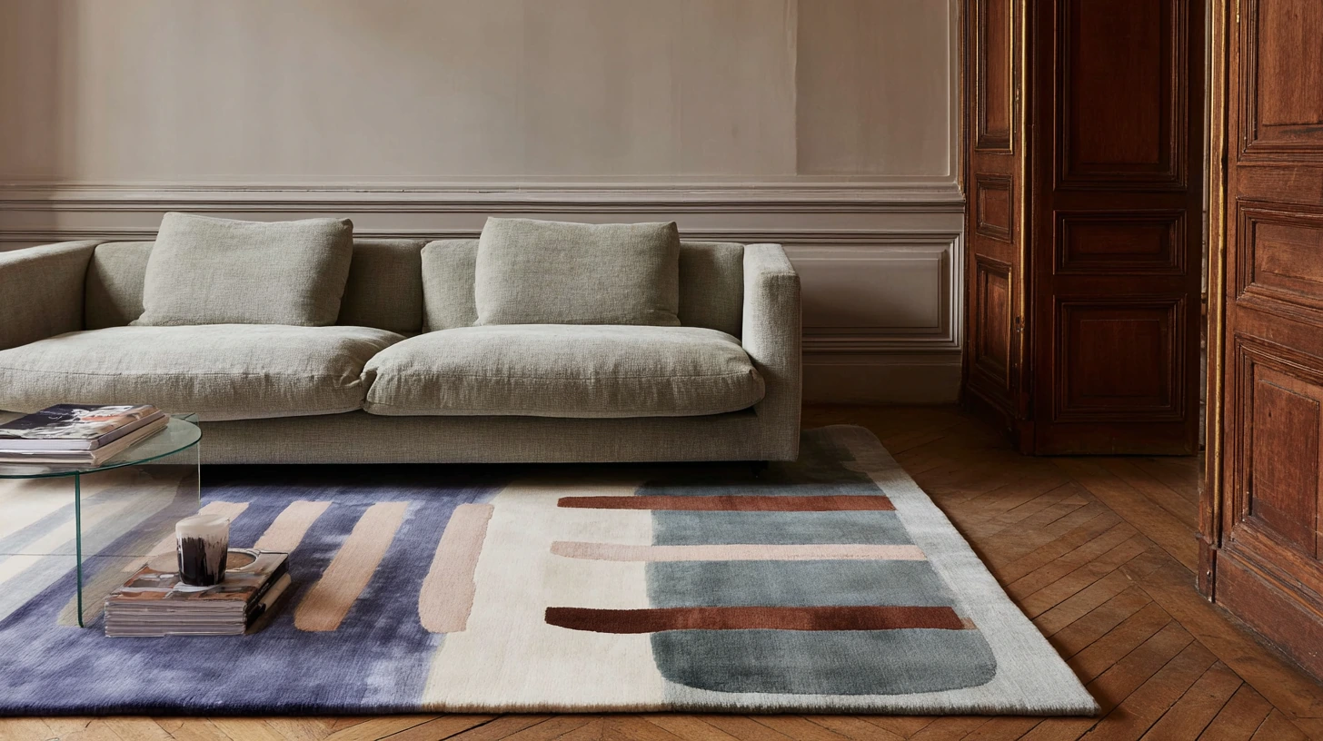 Tapis en laine fait main aux motifs modernes dans un salon élégant, apportant confort, isolation et design contemporain.