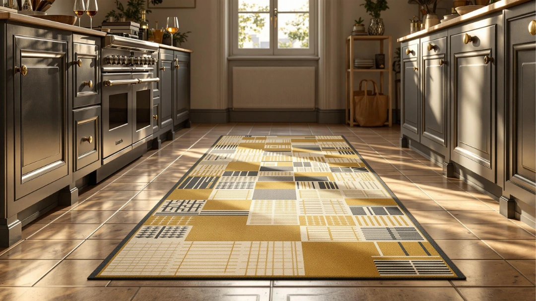 Tapis de cuisine design et lavable en machine, avec un motif géométrique moderne jaune et gris, dans une cuisine élégante au style classique.