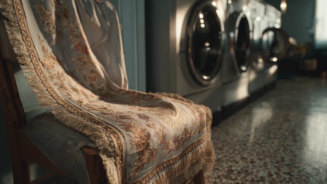 Tapis ancien posé sur une chaise dans une laverie automatique parisienne, éclairage doux, ambiance haut de gamme.