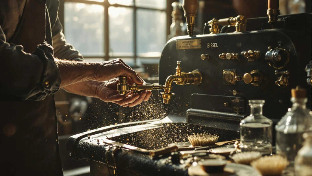 Gros plan sur les mains d’un artisan manipulant une machine à shampouiner ancienne dans un atelier de restauration de tapis à Paris, avec éclats de matière et outils traditionnels.
