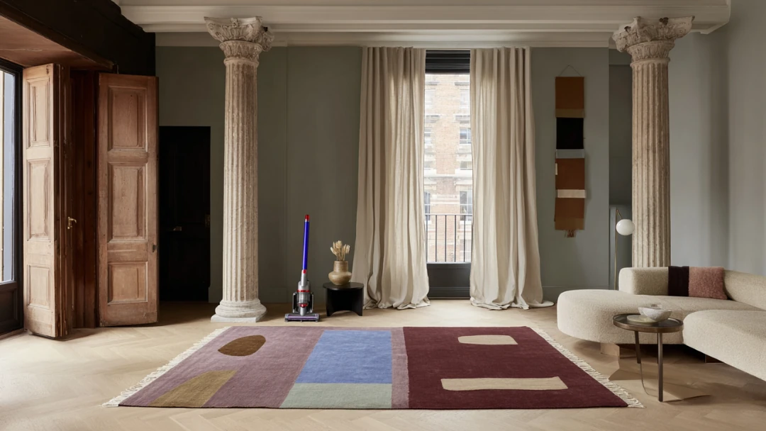 Aspirateur balai moderne posé sur un grand tapis design coloré dans un salon spacieux avec des colonnes en pierre.