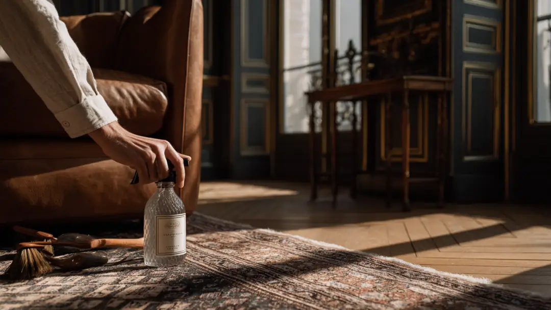 Personne appliquant avec soin le meilleur produit pour nettoyeur de tapis sur une carpette de style oriental à l'aide d'un vaporisateur.