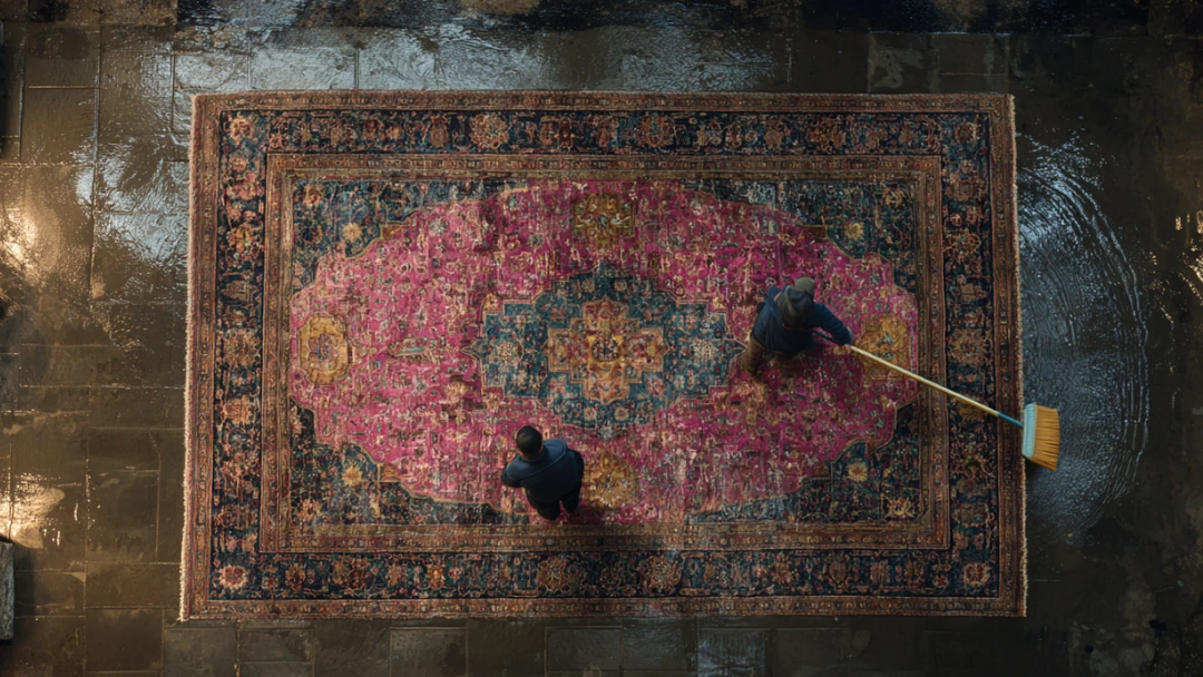 Nettoyage professionnel d'un tapis oriental ancien avec des techniques artisanales, vue aérienne montrant deux spécialistes en pleine restauration sur sol mouillé.