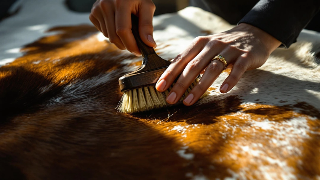 Brossage artisanal d’un tapis en peau de vache haut de gamme à la lumière naturelle.