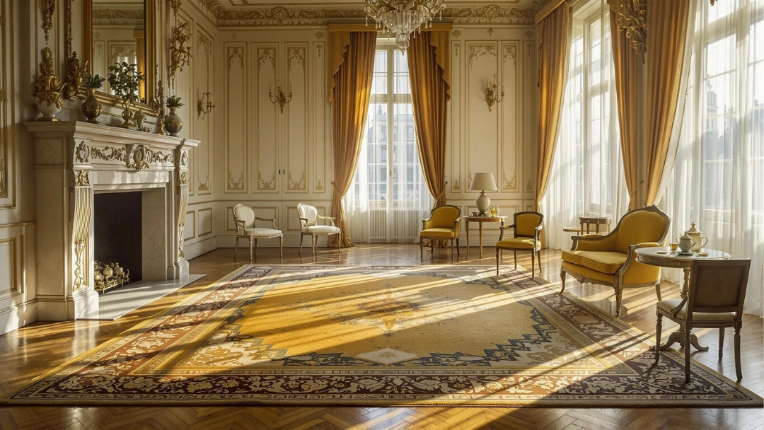 Tapis ancien dans un salon de style palais parisien baigné de lumière dorée, prêt pour un nettoyage en profondeur à la shampouineuse haut de gamme.