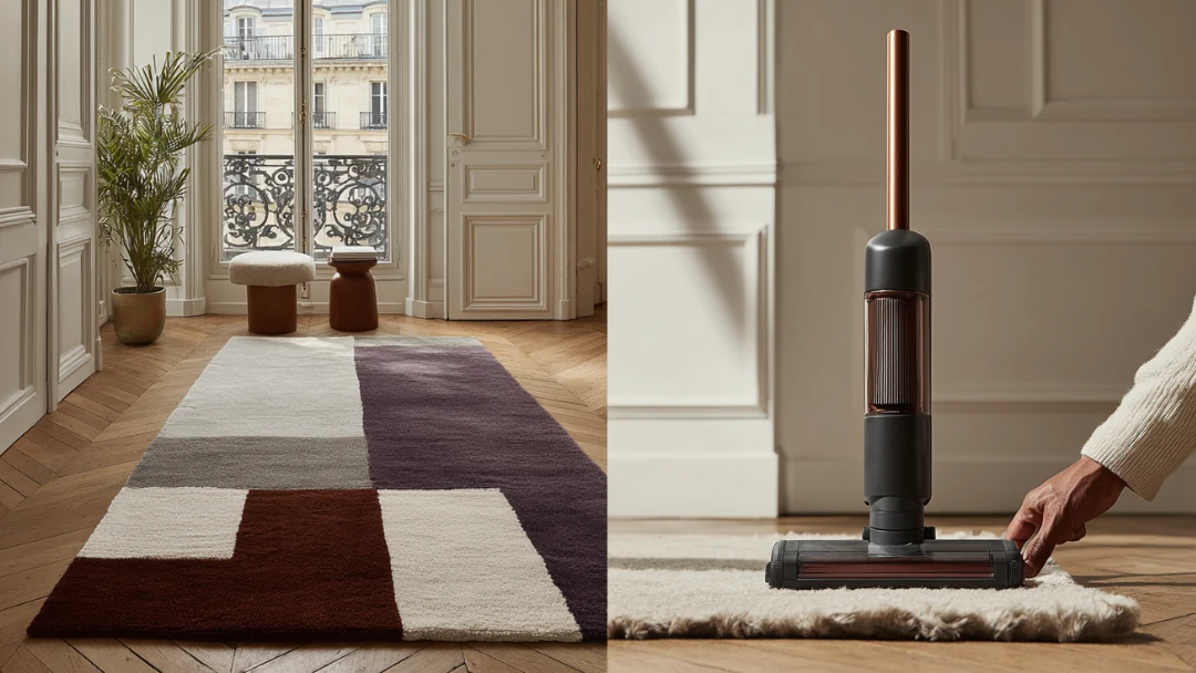 Vue d'un tapis moderne dans un salon haussmannien, avec un aspirateur laveur en cours d'utilisation, illustrant l'article « Est-ce qu'on peut utiliser un aspirateur laveur sur un tapis ? ».