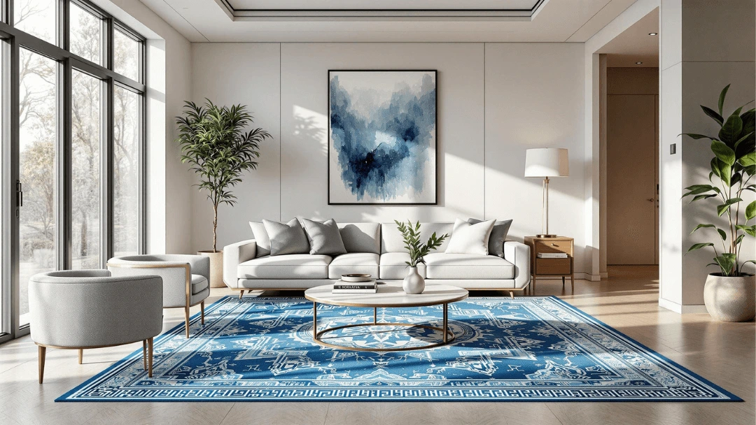 Salon lumineux avec tapis Teppana bleu à motifs orientaux.